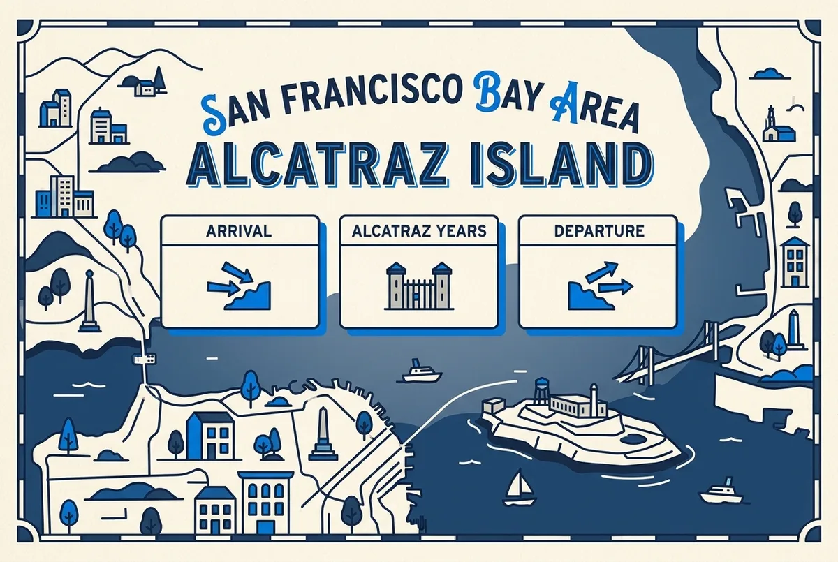 Simple fact-card style infographic listing Al Capone's Alcatraz years, arrival date, and departure date as plain labeled boxes, flat icon style, no additional statistics