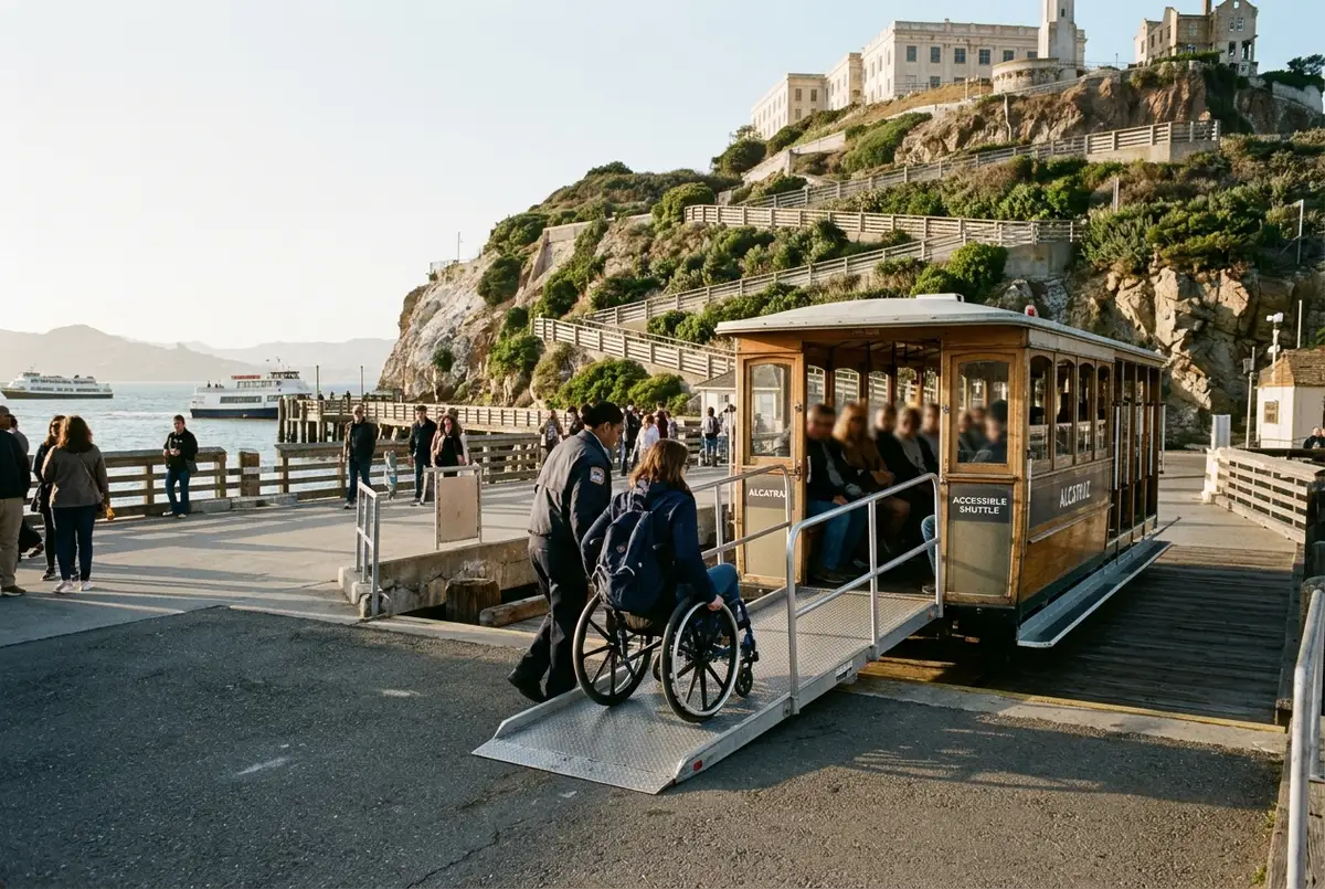 A wheelchair user boarding the Alcatraz shuttle tram at the dock with the steep path up to the cellhouse visible in the background