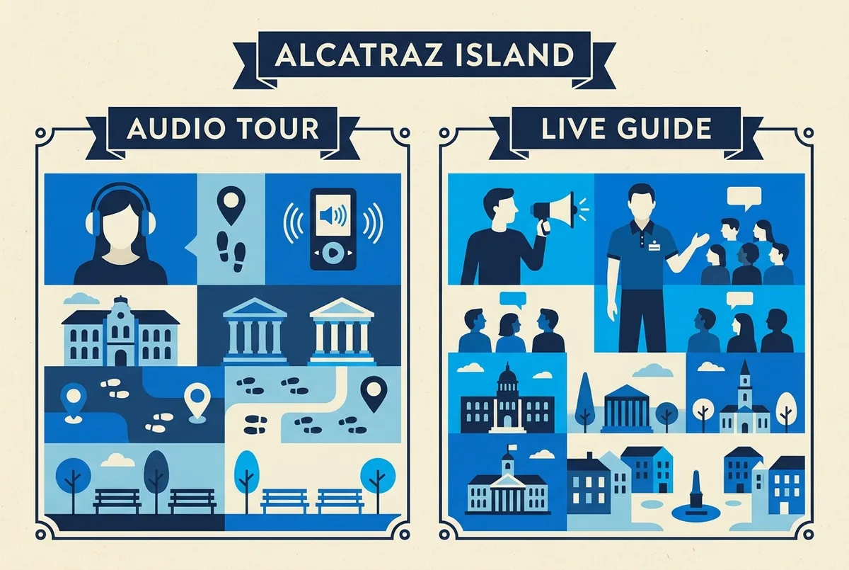 Infographic comparing a self guided alcatraz tour against a small group guided combo as two simple labeled columns, Audio Tour and Live Guide, flat icons, no prices or statistics