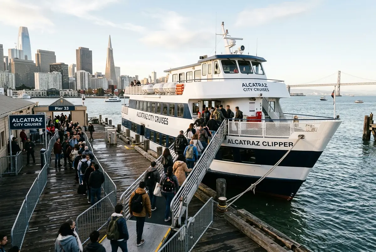 Alcatraz City Cruises ferry boat docked at Pier 33 in San Francisco with passengers boarding in morning light