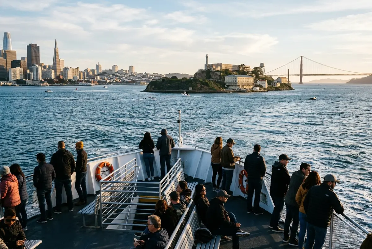 A ferry crossing San Francisco Bay toward Alcatraz Island with passengers on the open deck and the Golden Gate Bridge visible in the distance