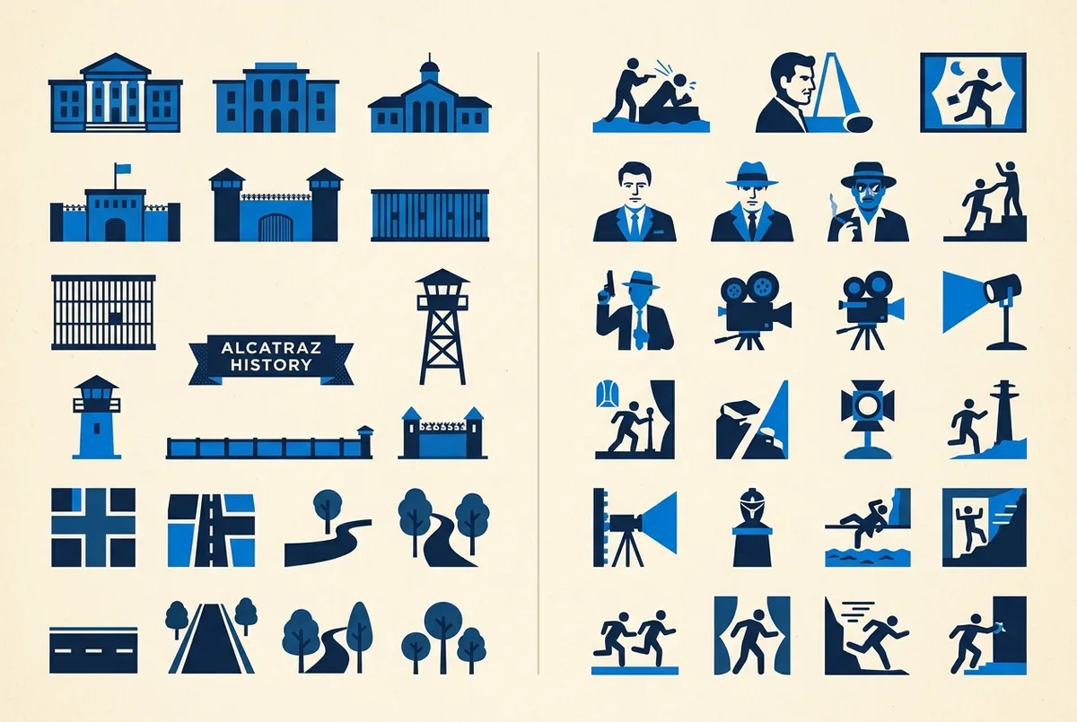 Infografica a due colonne con etichette generiche "fatti documentati" e "invenzione cinematografica" applicate ai temi ricorrenti nei film su Alcatraz, stile piatto senza titoli o statistiche