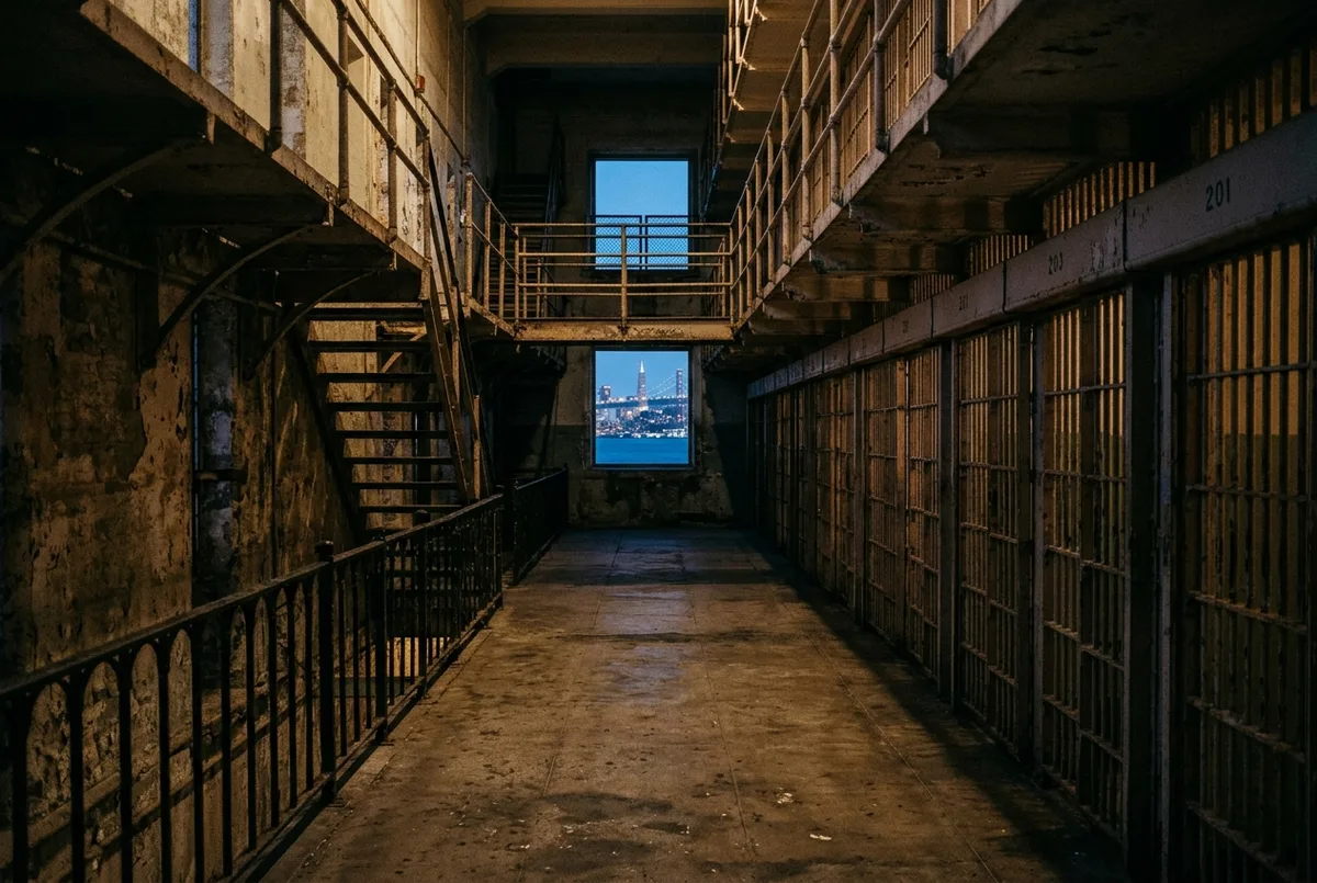 A shadowy, atmospheric view down an empty Alcatraz cell block corridor at dusk, evoking the island's haunted reputation without any people in frame