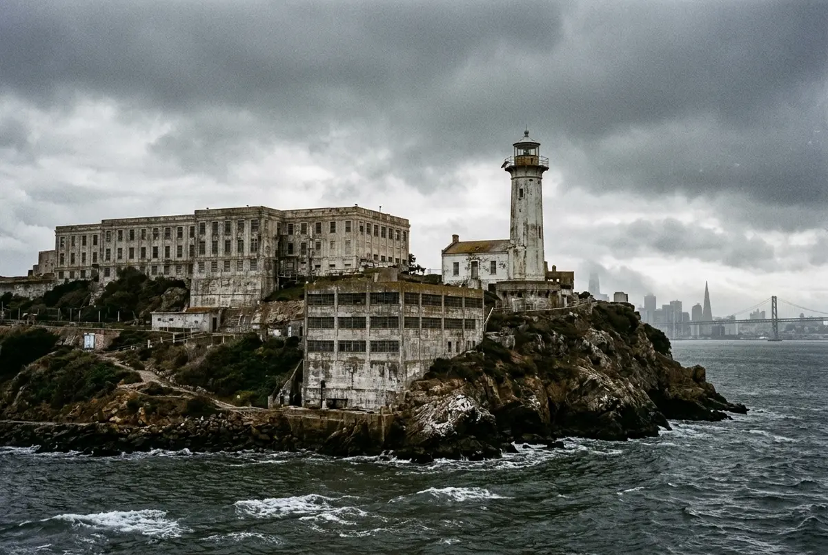 A weathered historic photo-style composite of the Alcatraz lighthouse and cellhouse building against a gray San Francisco Bay sky, evoking the island's long history