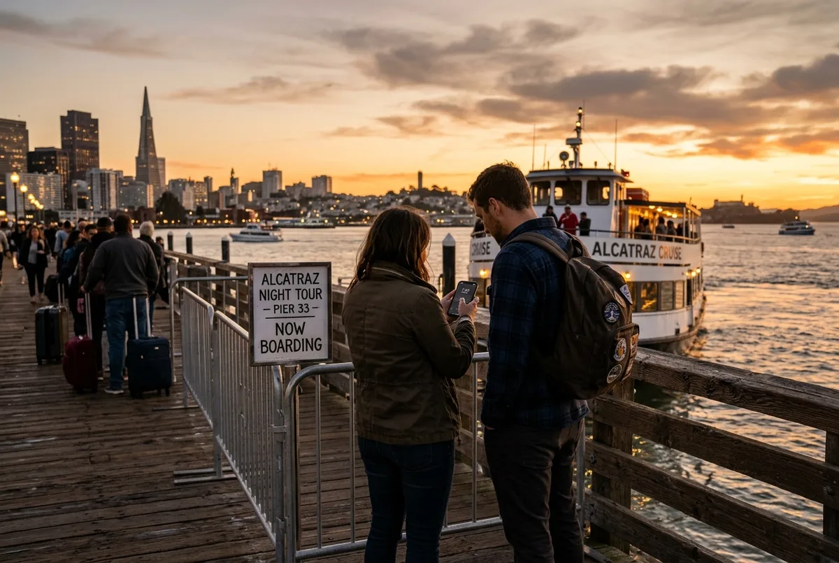 Reisende steigen bei Dämmerung an Pier 33 in die beleuchtete Alcatraz Nachtfähre, eine Taschenuhr im Vordergrund deutet die Alcatraz Night Tour Dauer an, warmes Abendlicht
