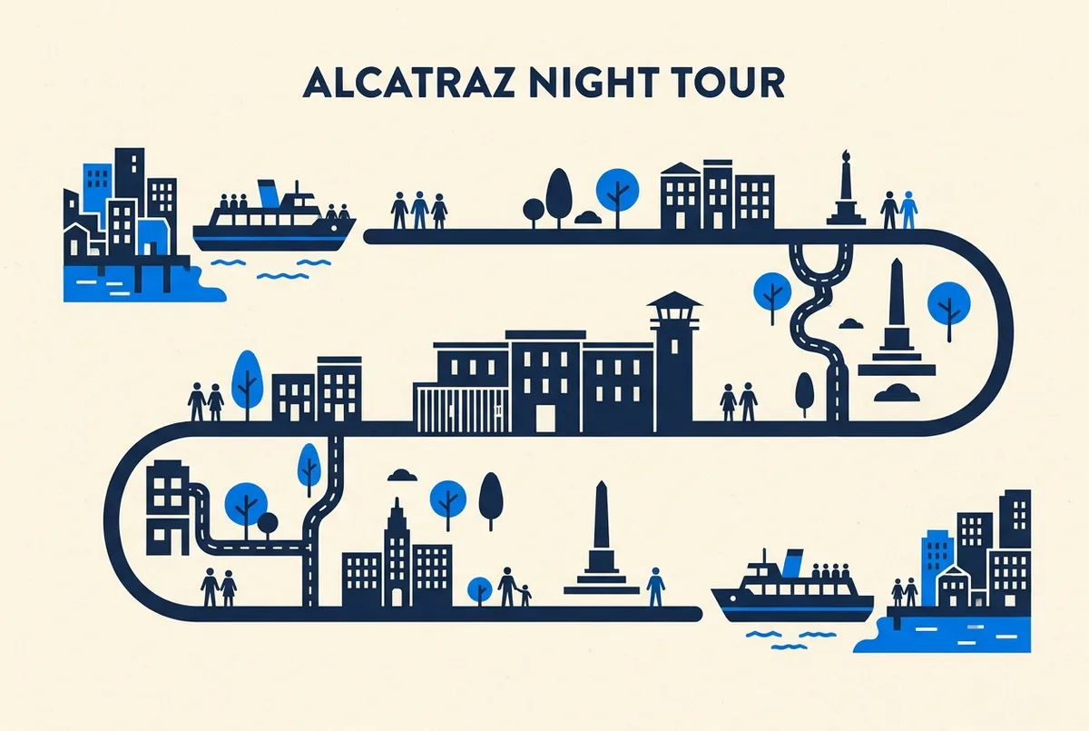 Zeitstrahl-Infografik zeigt die Etappen der Alcatraz Nachttour: Ankunft Pier 33, Nachtfähre, Cellhouse-Rundgang, Rückfahrt, als vier einfache beschriftete Symbole in einer Reihe