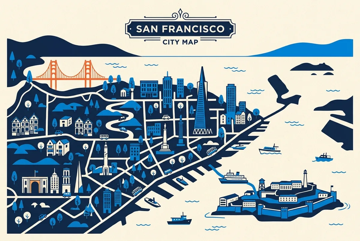 illustrated map of San Francisco highlights for alcatraz tickets, alcatraz tickets official site