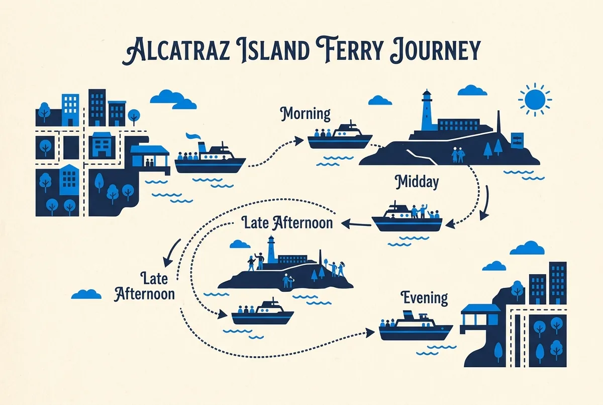 Infografía plana con una línea de tiempo de las franjas de salida del ferry a Alcatraz por la mañana, el mediodía y la tarde, con iconos de reloj genéricos sin cifras