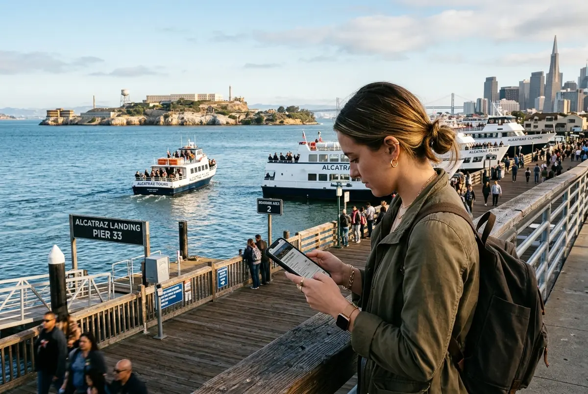 A traveler on the Pier 33 dock comparing several Alcatraz tour tickets on a phone with tour boats and Alcatraz Island visible across San Francisco Bay