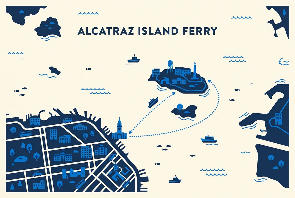 Simple illustrated map of San Francisco Bay showing Pier 33, the ferry route and Alcatraz Island, with generic labels for an Alcatraz tickets guide