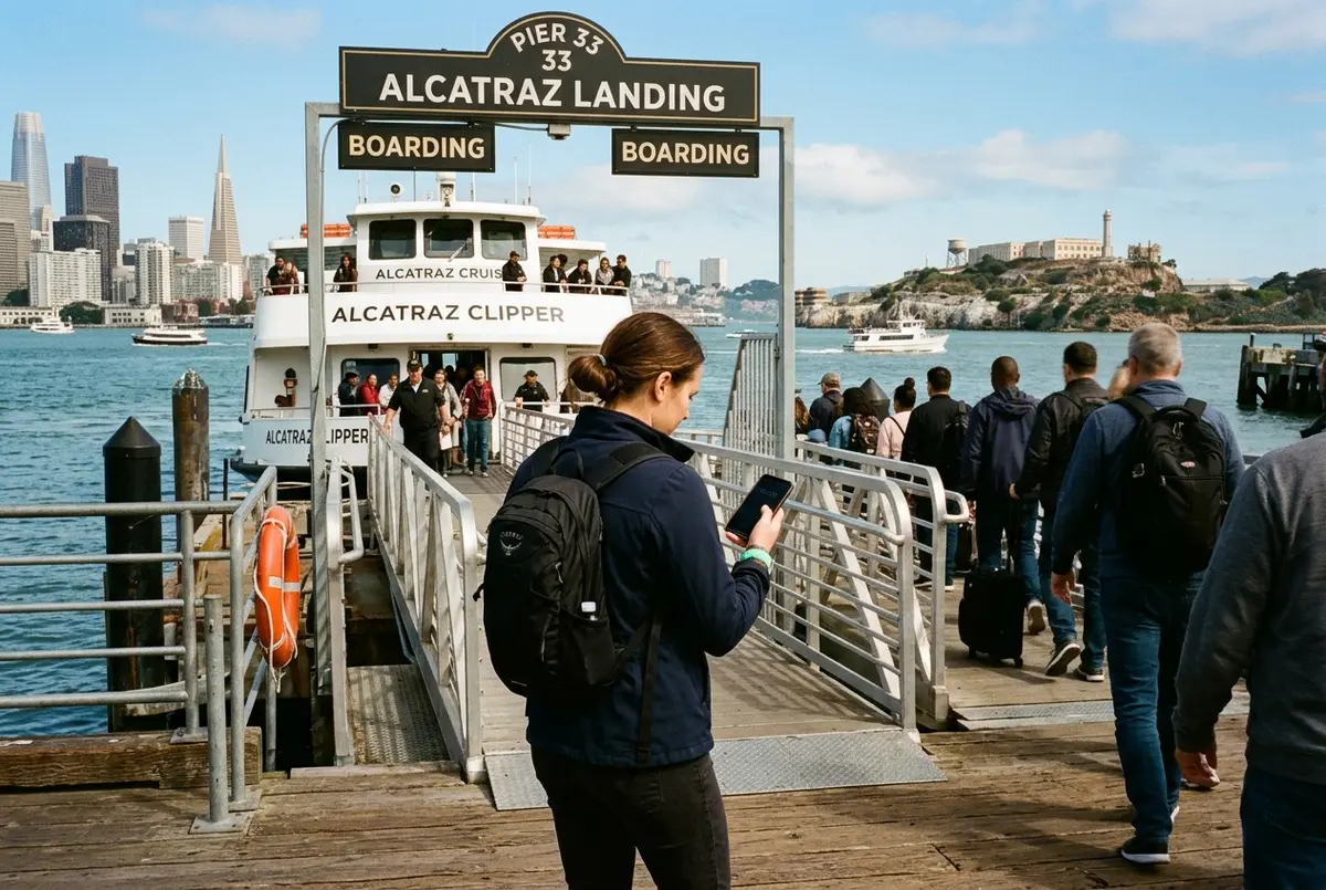 Reisender blickt auf eine Armbanduhr an Pier 33 während die Alcatraz Fähre anlegt, Golden Gate Bridge im Hintergrund im warmen Vormittagslicht, Sinnbild für die Alcatraz Tour Dauer