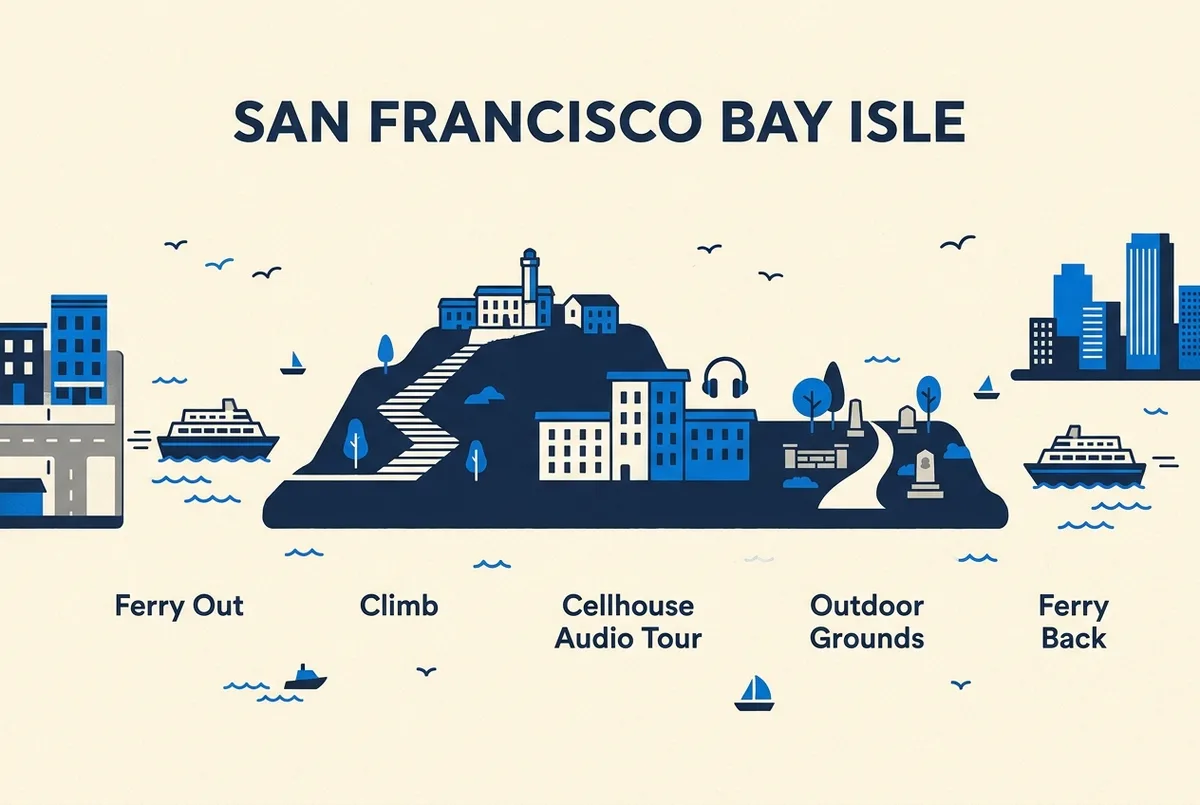 Zeitstrahl-Infografik zeigt die Etappen der Alcatraz Tagestour: Pier 33 Check-in, Fähre, Aufstieg zum Cellhouse, Audio-Tour, Rückfahrt, als fünf einfache beschriftete Symbole in einer Reihe