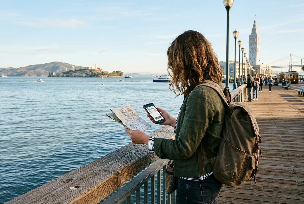 A traveler checking a printed itinerary and a phone ticket on the Embarcadero waterfront with Alcatraz Island visible across San Francisco Bay in morning light