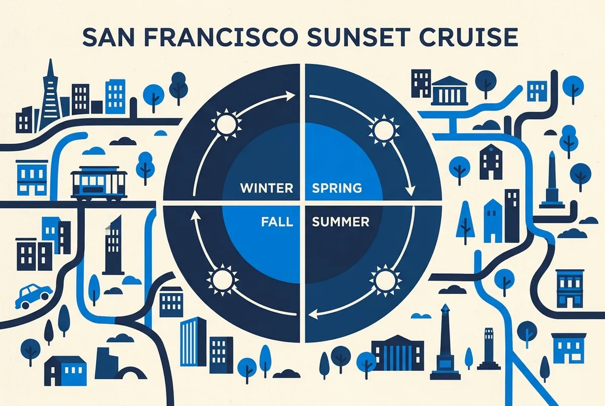 Simple seasonal chart infographic showing sunset times across the year for a San Francisco sunset cruise, labeled Winter, Spring, Summer and Fall with a sun icon, flat design, no specific statistics