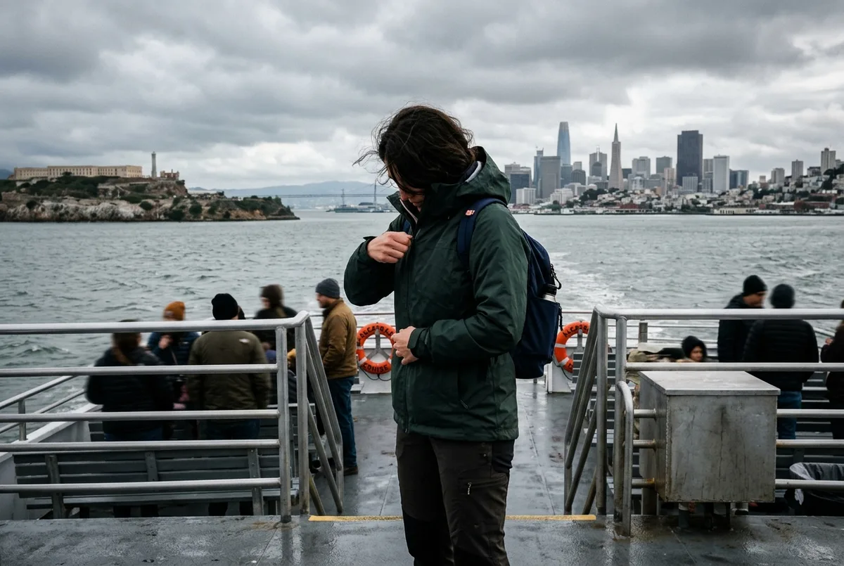 Reisender zieht am Anleger von Pier 33 eine Windjacke über ein T-Shirt als Antwort auf die Frage, was man für die Alcatraz Tour anzieht, während die Alcatraz Fähre im Hintergrund ablegt, bedecktes Vormittagslicht über der Bucht