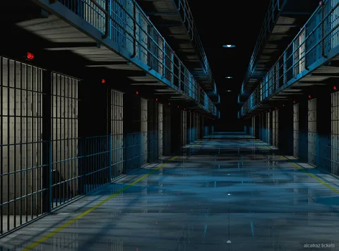 Alcatraz-Nachtfähre überquert die San Francisco Bay nach Einbruch der Dunkelheit